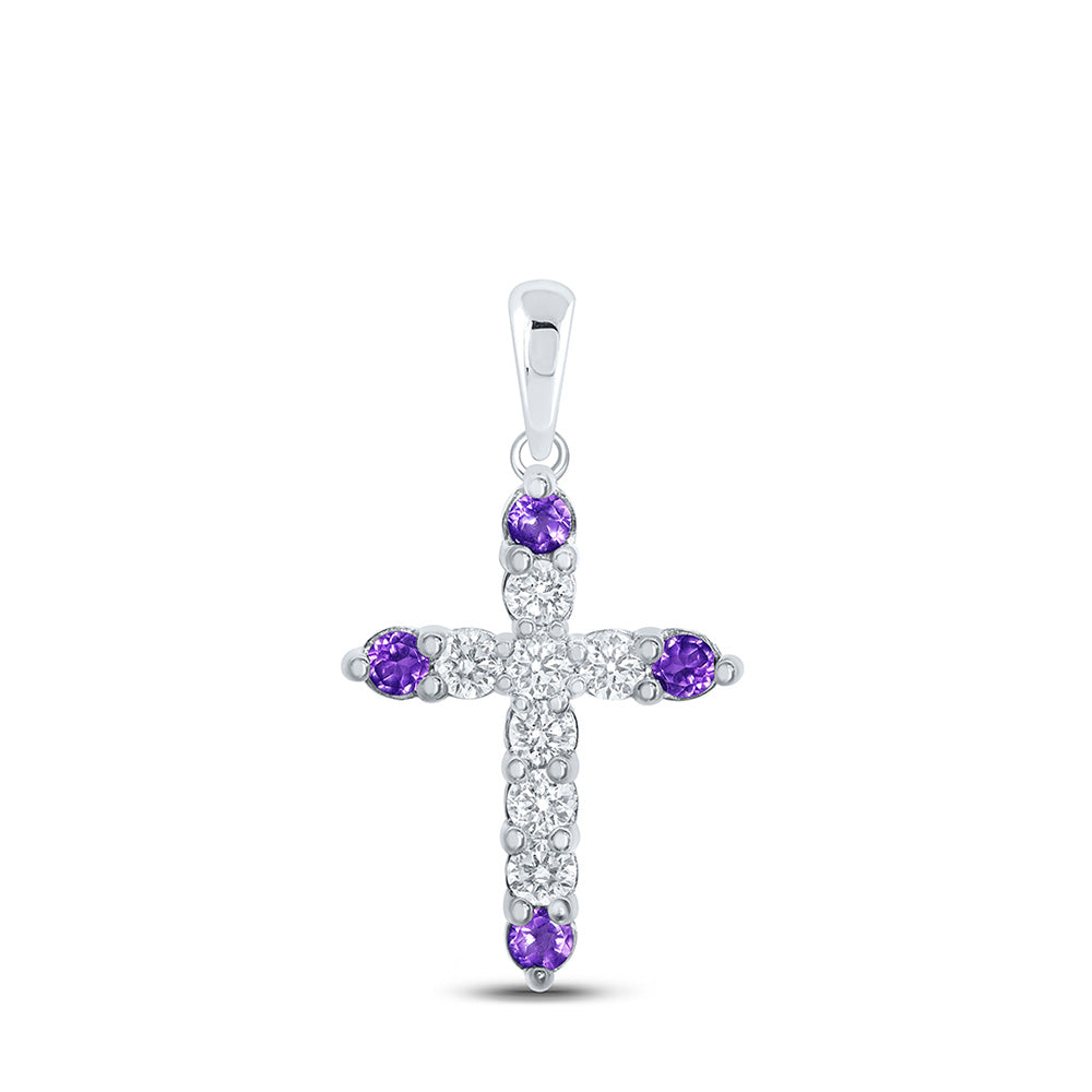 10kt White Gold Womens Round Lab-Created Amethyst Cross Pendant 1/2 Cttw