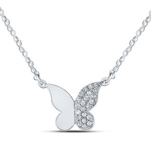 10kt White Gold Womens Round Diamond Butterfly Necklace 1/8 Cttw