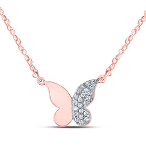 10kt Rose Gold Womens Round Diamond Butterfly Necklace 1/8 Cttw