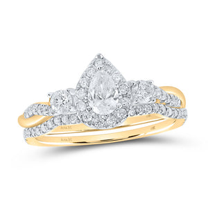 14kt Yellow Gold Pear Diamond Halo Bridal Wedding Ring Band Set 3/4 Cttw