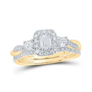 14kt Yellow Gold Emerald Diamond Halo Bridal Wedding Ring Band Set 3/4 Cttw