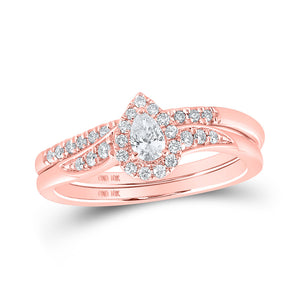 10kt Rose Gold Pear Diamond Halo Bridal Wedding Ring Band Set 1/3 Cttw
