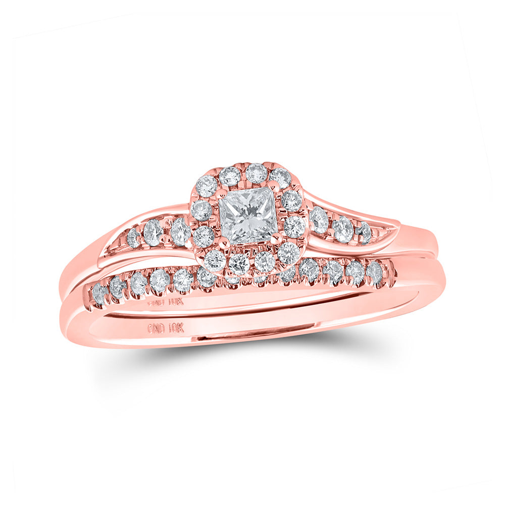 10kt Rose Gold Princess Diamond Halo Bridal Wedding Ring Band Set 1/3 Cttw