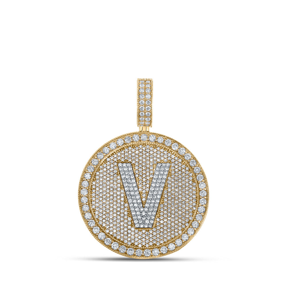 10kt Two-tone Gold Mens Round Diamond V Initial Letter Charm Pendant 3-3/4 Cttw