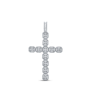 10kt White Gold Mens Baguette Diamond Cross Charm Pendant 2-1/3 Cttw