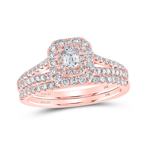 14kt Rose Gold Emerald Diamond Halo Bridal Wedding Ring Band Set 1 Cttw