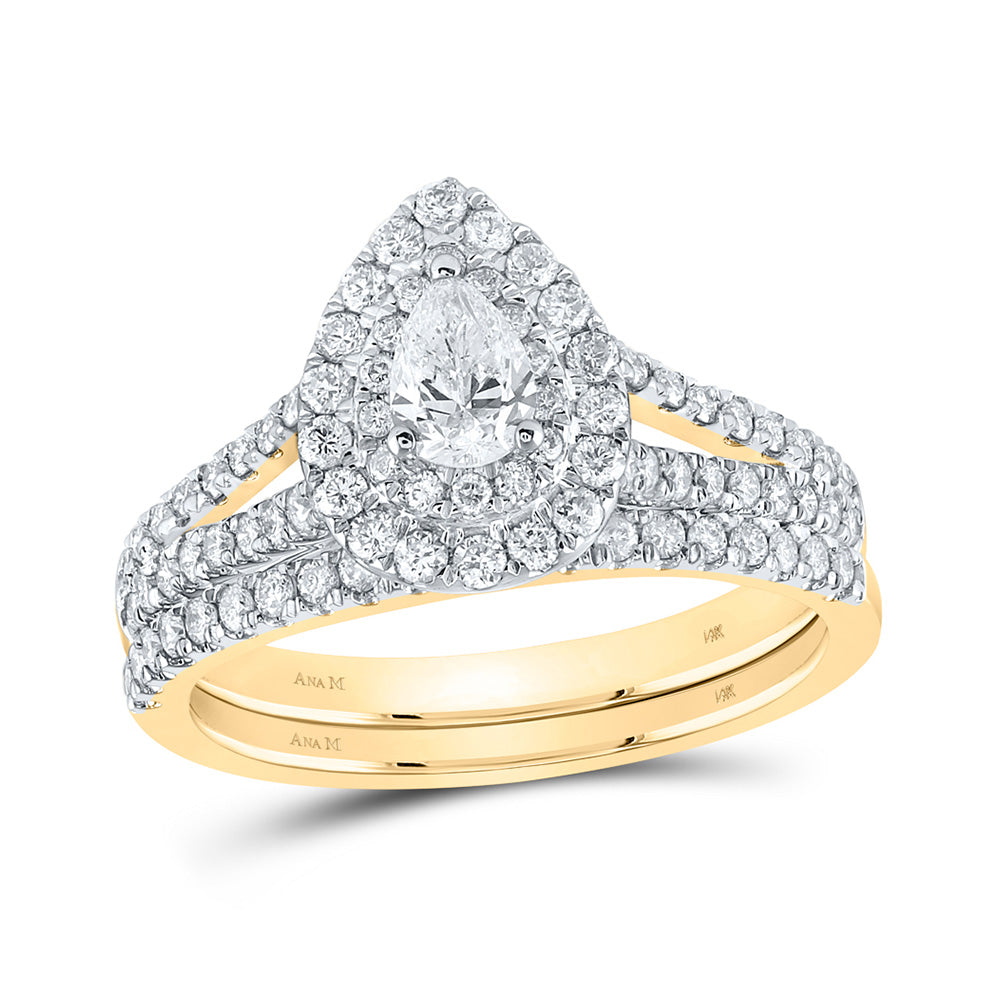 14kt Yellow Gold Pear Diamond Halo Bridal Wedding Ring Band Set 1 Cttw
