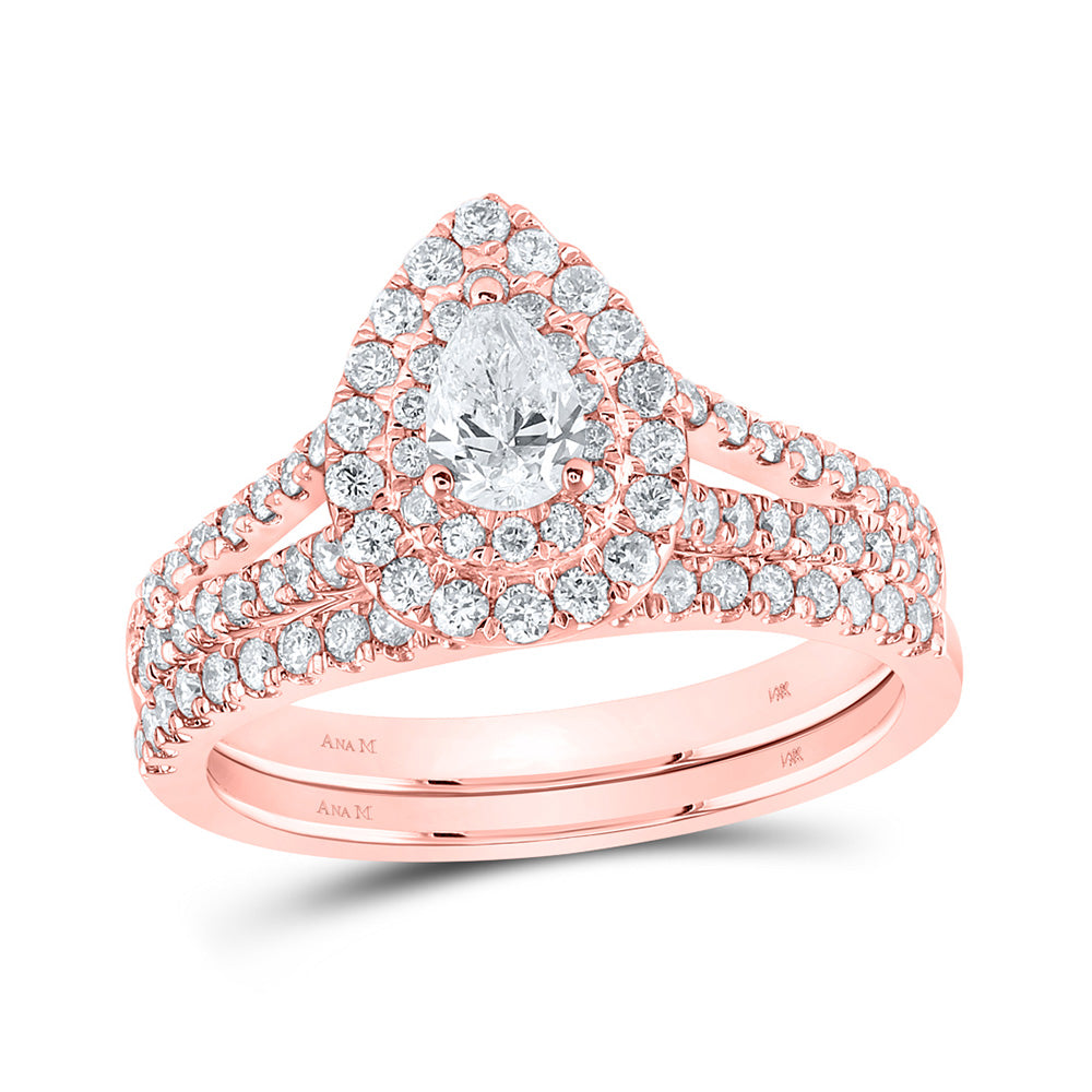 14kt Rose Gold Pear Diamond Halo Bridal Wedding Ring Band Set 1 Cttw