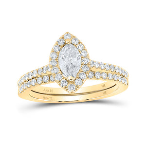14kt Yellow Gold Marquise Diamond Halo Bridal Wedding Ring Band Set 1 Cttw
