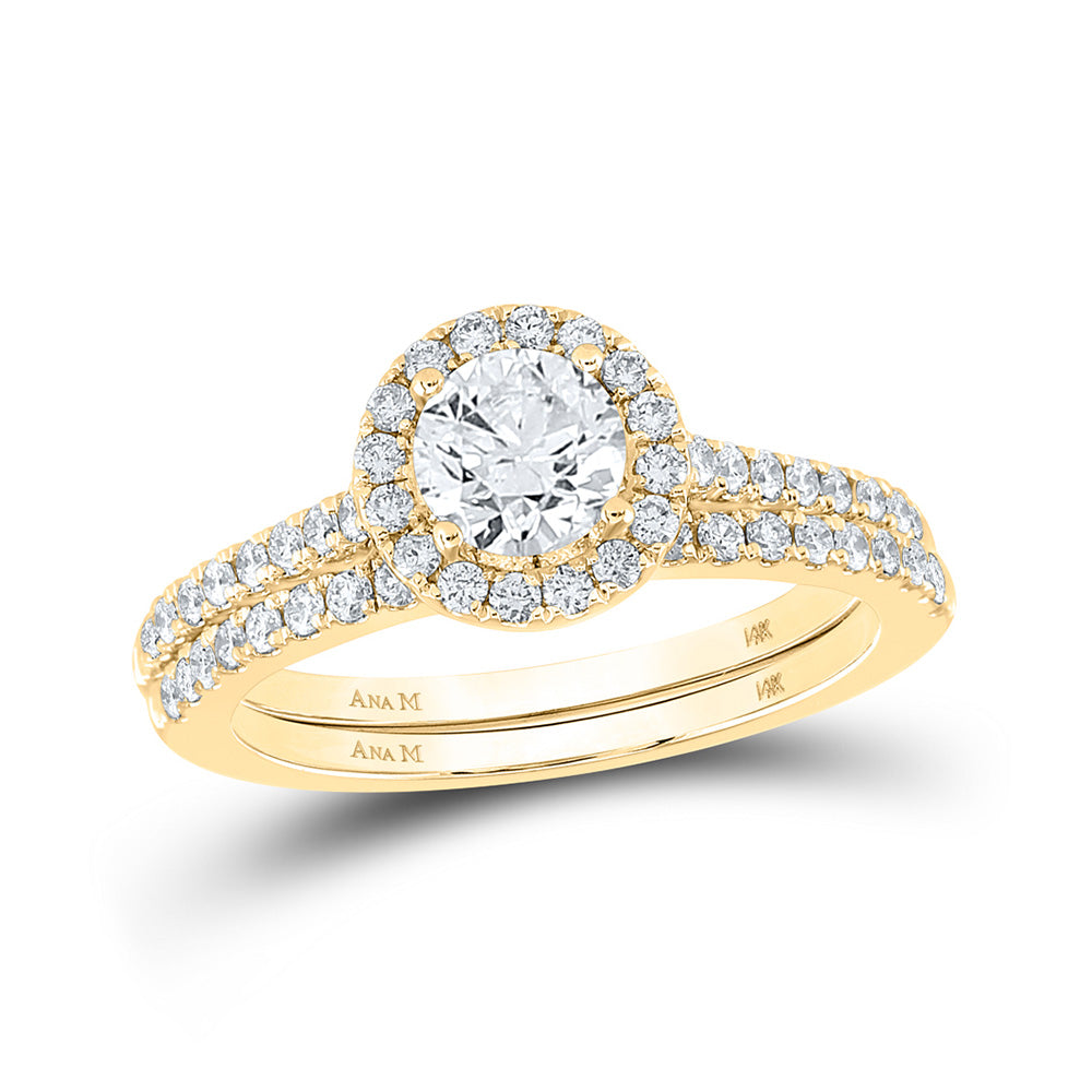 14kt Yellow Gold Round Diamond Halo Bridal Wedding Ring Band Set 1-1/4 Cttw