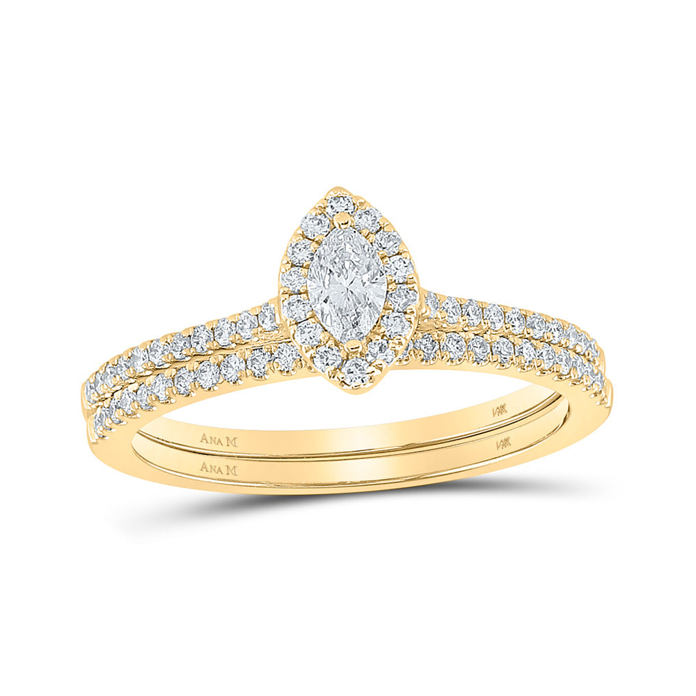14kt Yellow Gold Marquise Diamond Halo Bridal Wedding Ring Band Set 1/2 Cttw