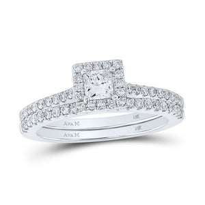 14kt Two-tone Gold Princess Diamond Halo Bridal Wedding Ring Band Set 7/8 Cttw