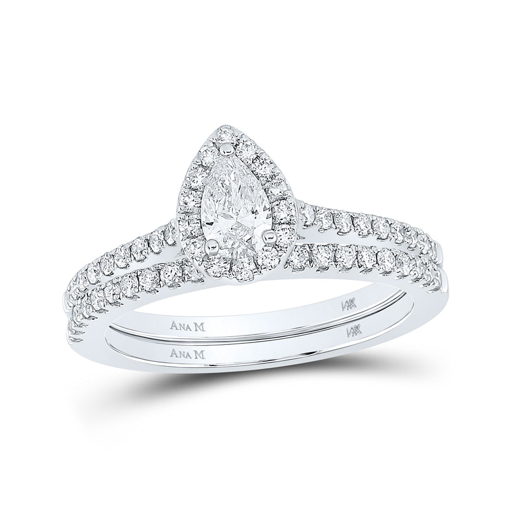 14kt Two-tone Gold Pear Diamond Halo Bridal Wedding Ring Band Set 7/8 Cttw