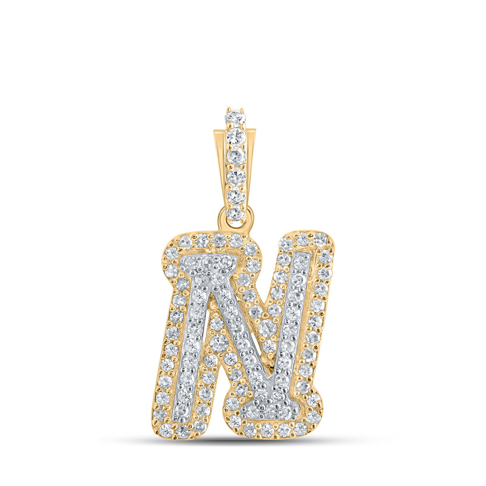 10kt Yellow Gold Mens Round Diamond N Initial Letter Charm Pendant 1/5 Cttw
