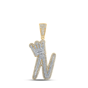 10kt Yellow Gold Mens Round Diamond N Crown Letter Charm Pendant 1-1/3 Cttw