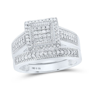 Sterling Silver Round Diamond Square Bridal Wedding Ring Band Set 1/2 Cttw