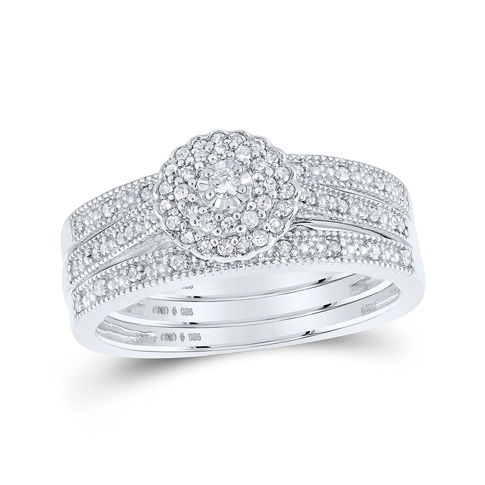 Sterling Silver Round Diamond 3-Pc Bridal Wedding Ring Band Set 1/4 Cttw
