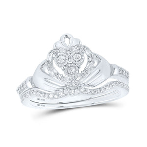 Sterling Silver Round Diamond Claddagh Bridal Wedding Ring Band Set 1/5 Cttw