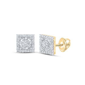 14kt Yellow Gold Mens Round Diamond Square Earrings 7/8 Cttw
