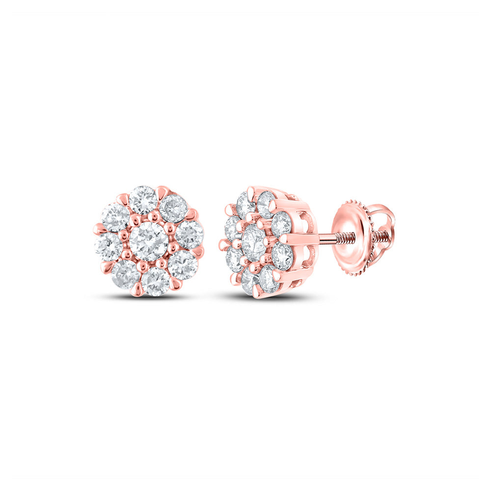 14kt Rose Gold Mens Round Diamond Cluster Earrings 5/8 Cttw
