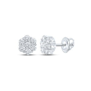 14kt White Gold Mens Round Diamond Flower Cluster Earrings 5/8 Cttw