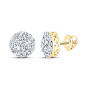 14kt Yellow Gold Mens Round Diamond Cluster Earrings 7/8 Cttw