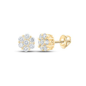 14kt Yellow Gold Mens Round Diamond Flower Cluster Earrings 3/4 Cttw