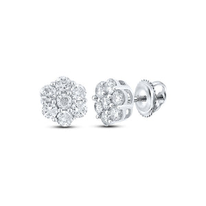14kt White Gold Mens Round Diamond Flower Cluster Earrings 1 Cttw