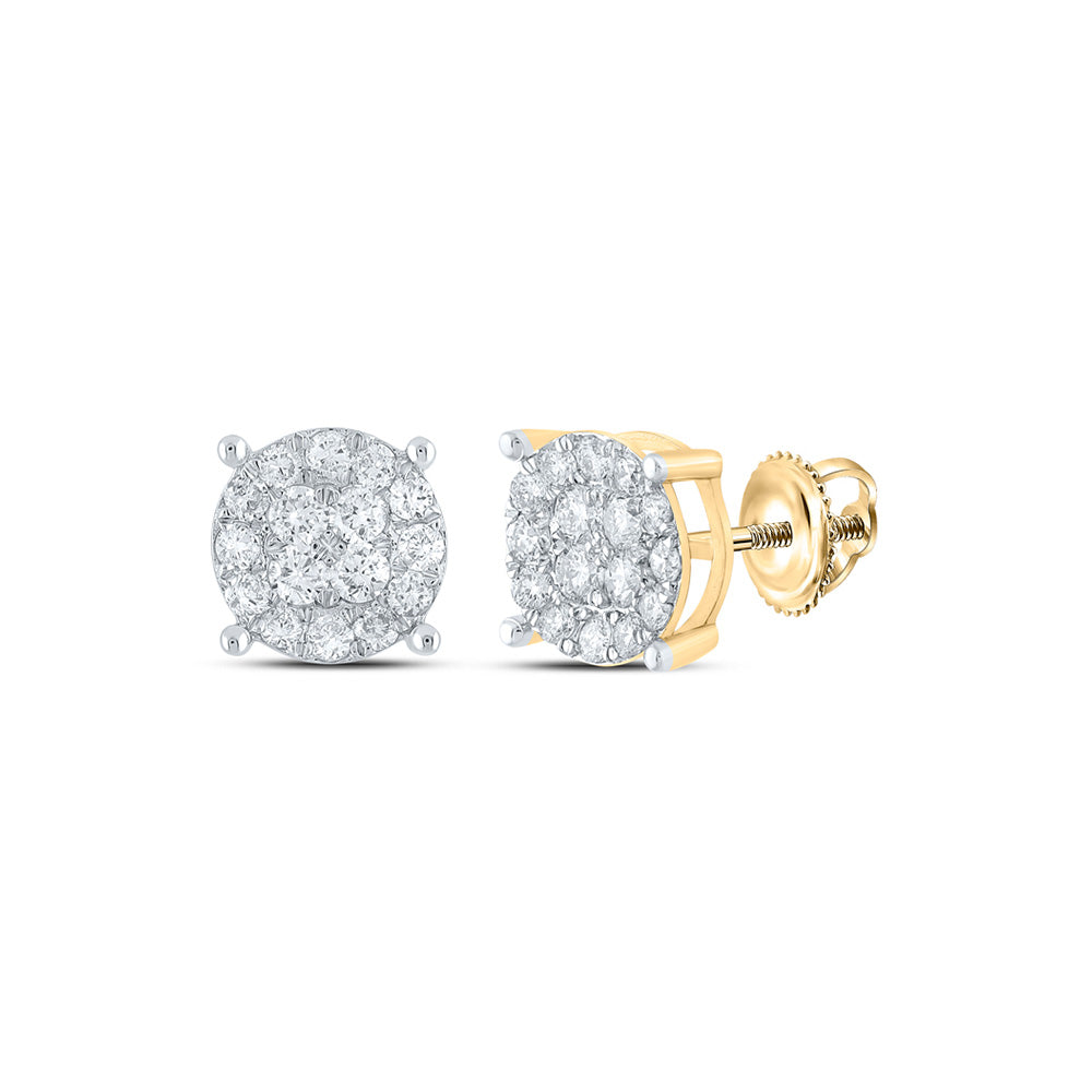 14kt Yellow Gold Mens Round Diamond Cluster Earrings 3/4 Cttw