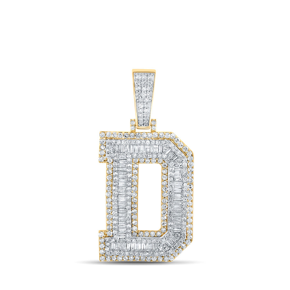 14kt Two-tone Gold Mens Baguette Diamond D Initial Letter Charm Pendant 2-1/3 Cttw