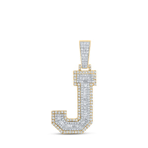 14kt Two-tone Gold Mens Baguette Diamond J Initial Letter Charm Pendant 1-3/8 Cttw