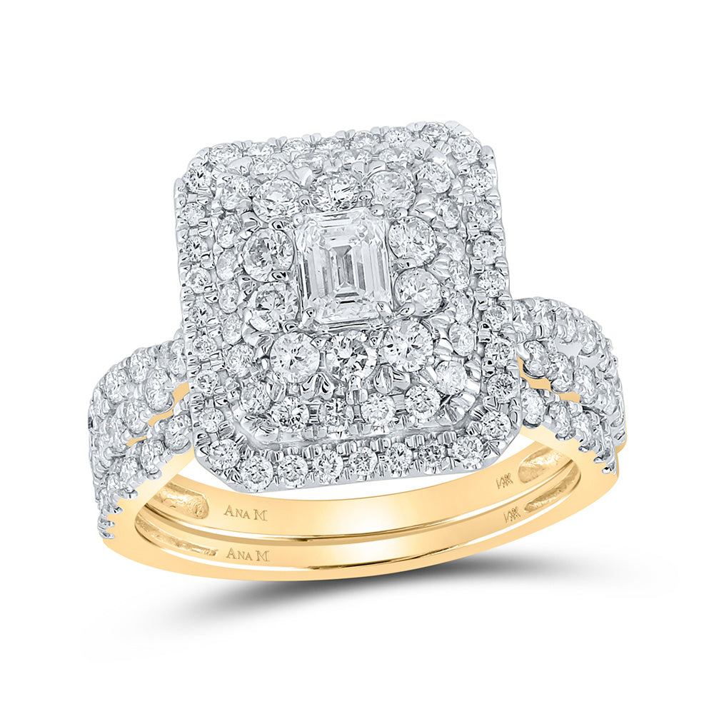14kt Yellow Gold Emerald Diamond Halo Bridal Wedding Ring Band Set 1-3/4 Cttw