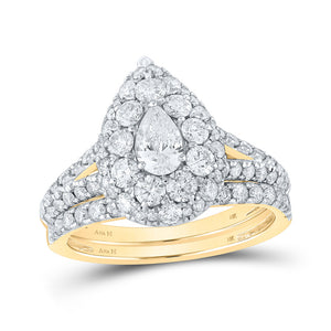 14kt Yellow Gold Pear Diamond Halo Bridal Wedding Ring Band Set 1-3/4 Cttw