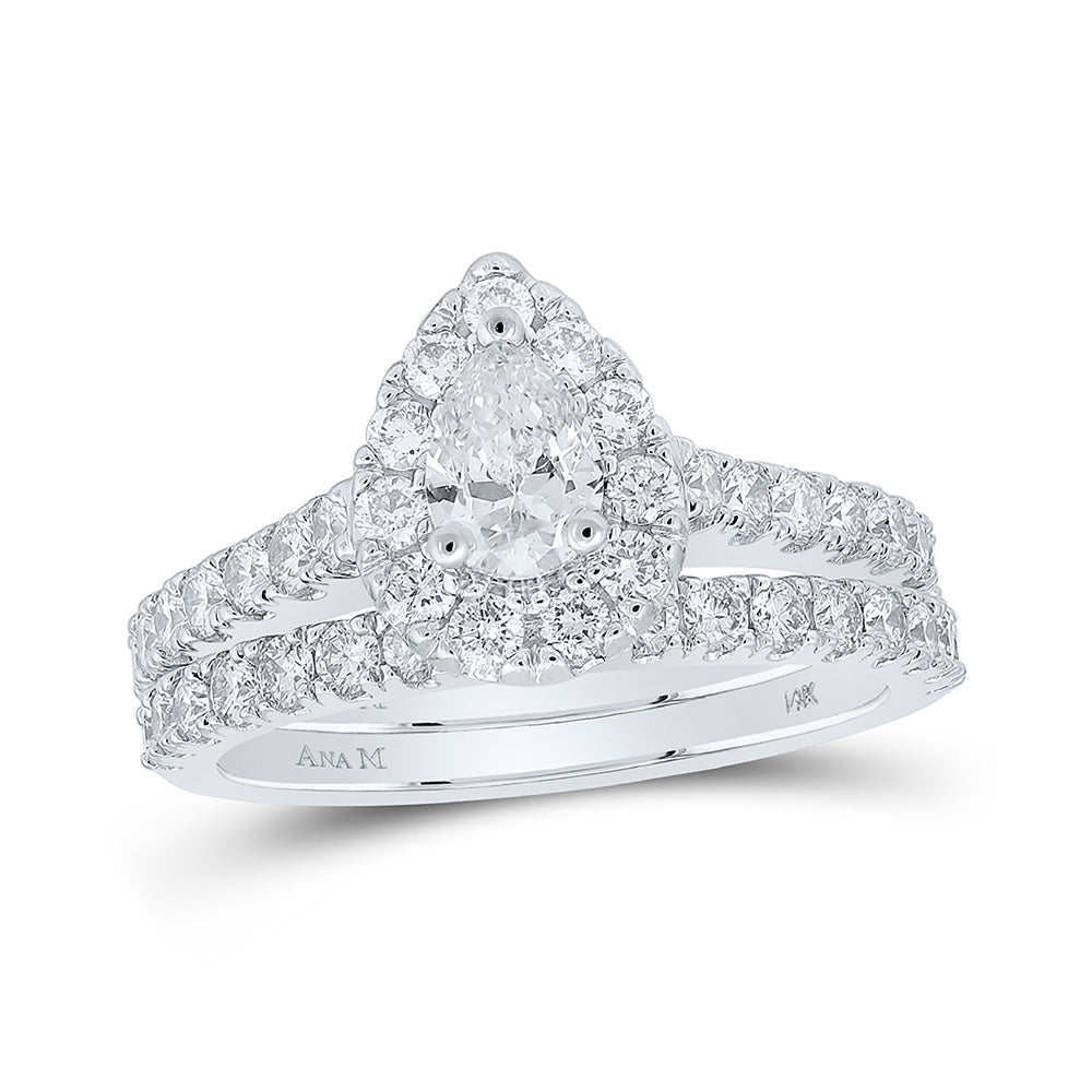 14kt White Gold Pear Diamond Halo Bridal Wedding Ring Band Set 1-3/4 Cttw