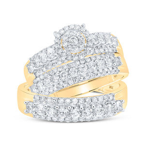 10kt Yellow Gold His Hers Round Diamond Cluster Matching Wedding Set 1-3/4 Cttw