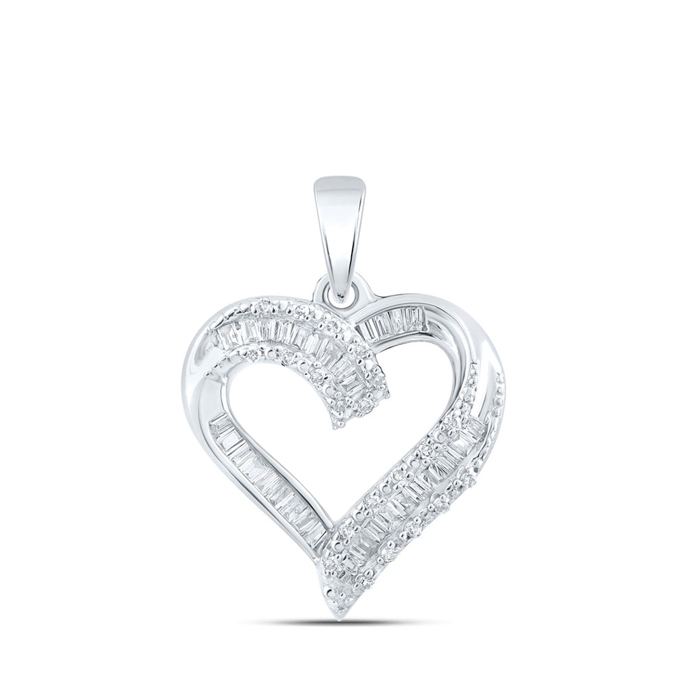 10kt White Gold Womens Baguette Diamond Heart Pendant 1/4 Cttw