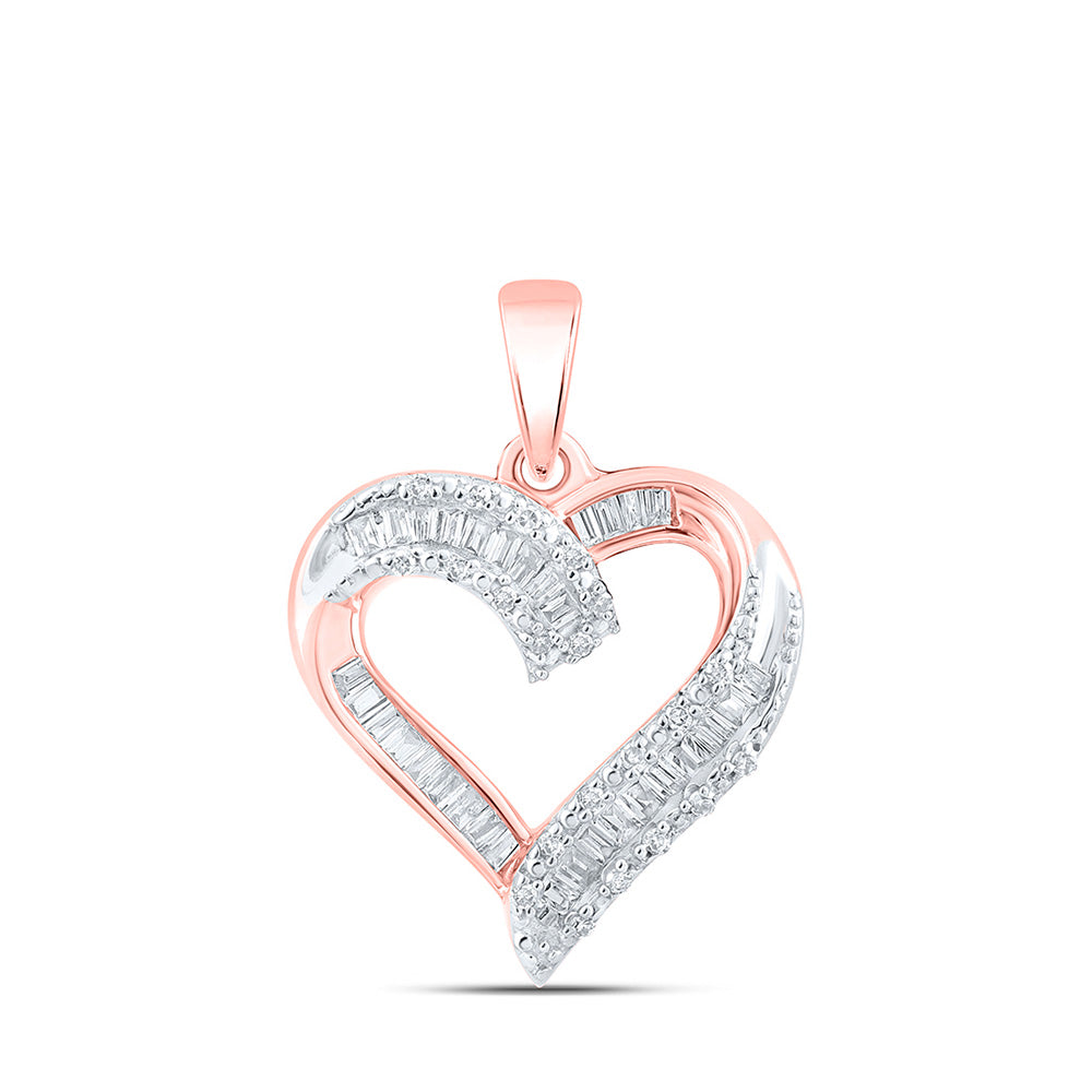 10kt Rose Gold Womens Baguette Diamond Heart Pendant 1/4 Cttw