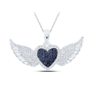 10kt White Gold Womens Round Blue Sapphire Diamond Wing Heart Pendant 3/8 Cttw