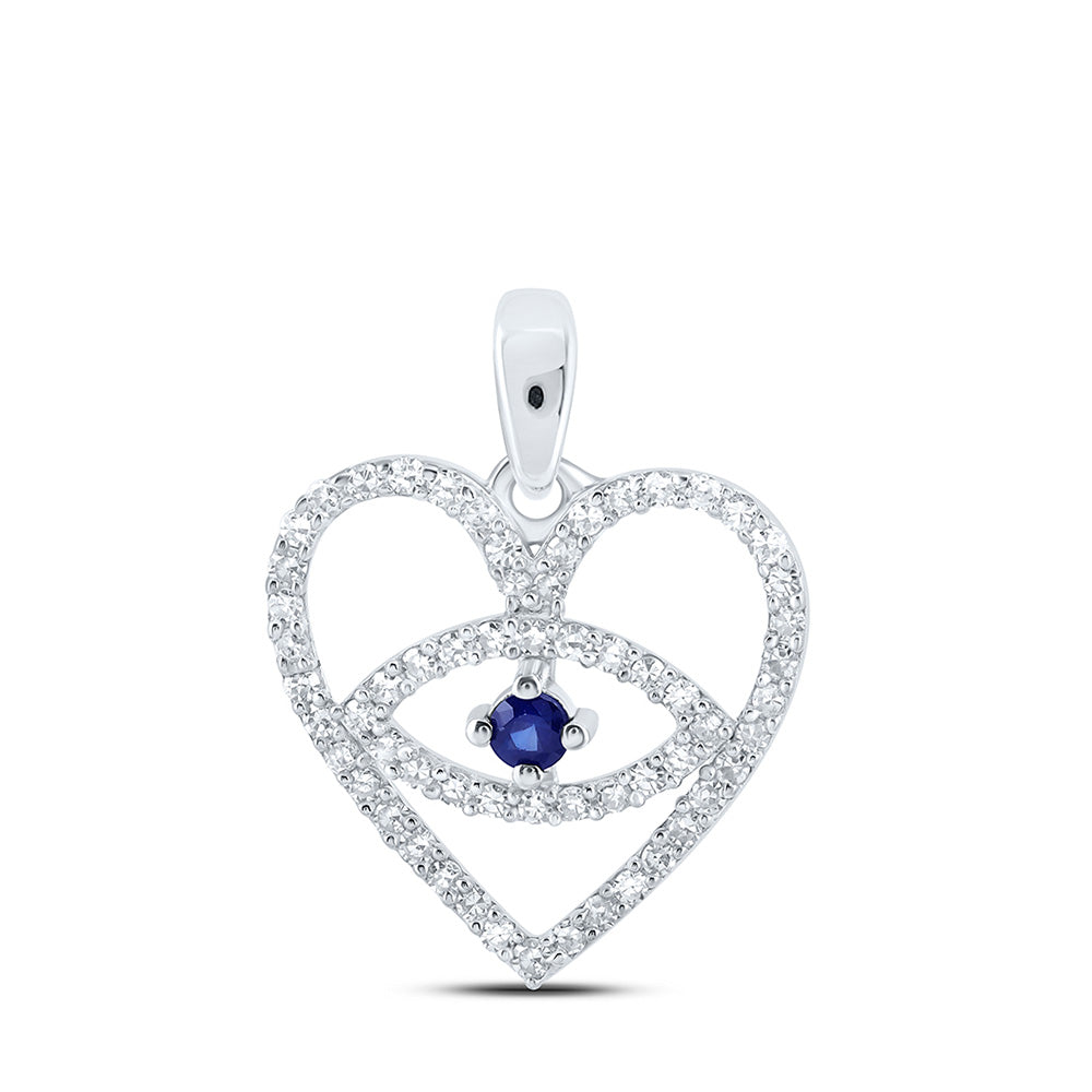 10kt White Gold Womens Round Blue Sapphire Diamond Eye Heart Pendant 1/3 Cttw