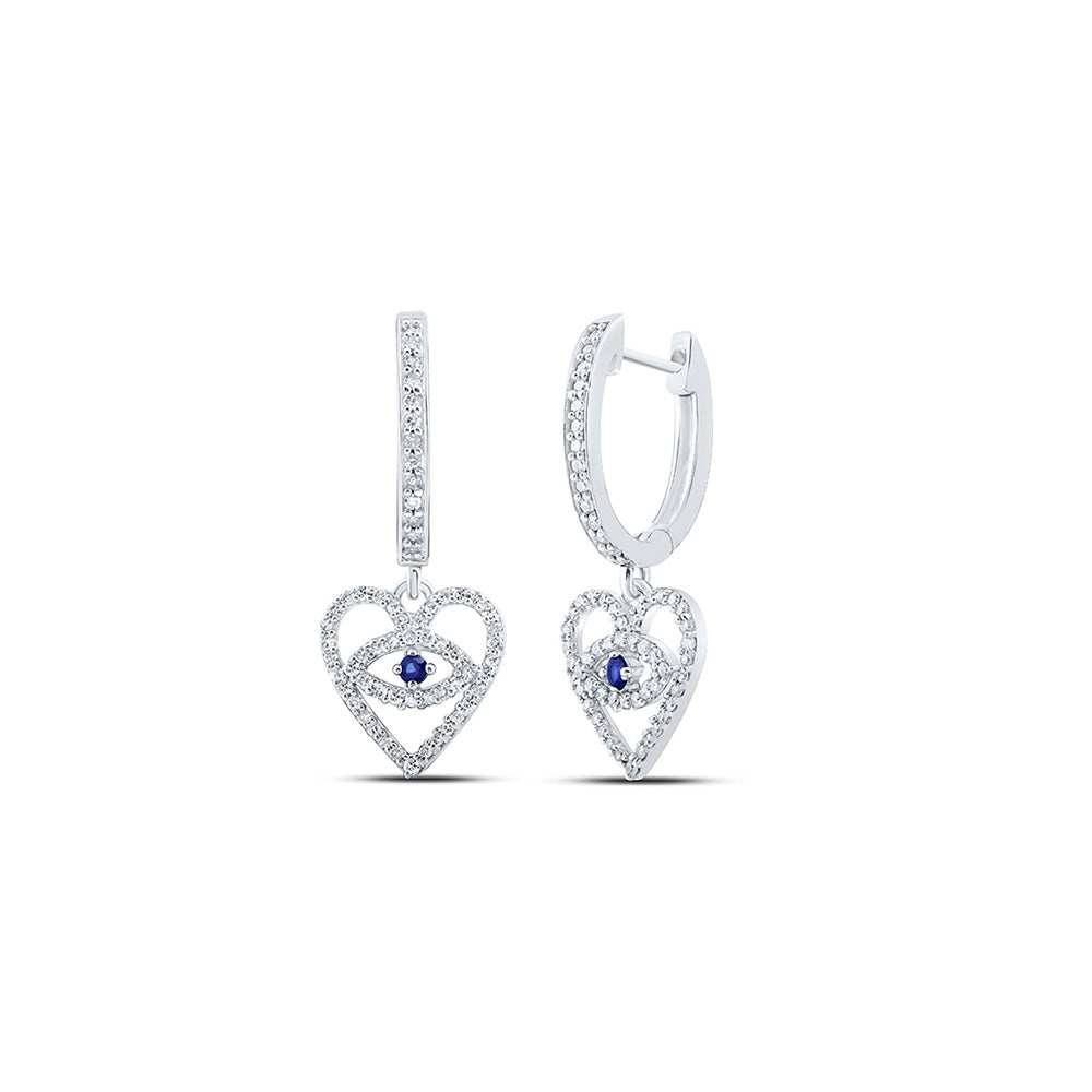 10kt White Gold Womens Round Blue Sapphire Diamond Heart Dangle Earrings 3/8 Cttw