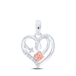Sterling Silver Womens Round Diamond Rose Heart Pendant 1/12 Cttw