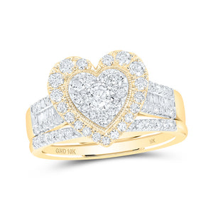 10kt Yellow Gold Round Diamond Heart Bridal Wedding Ring Band Set 7/8 Cttw