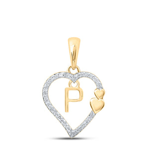 10kt Yellow Gold Womens Round Diamond P Heart Letter Pendant 1/10 Cttw