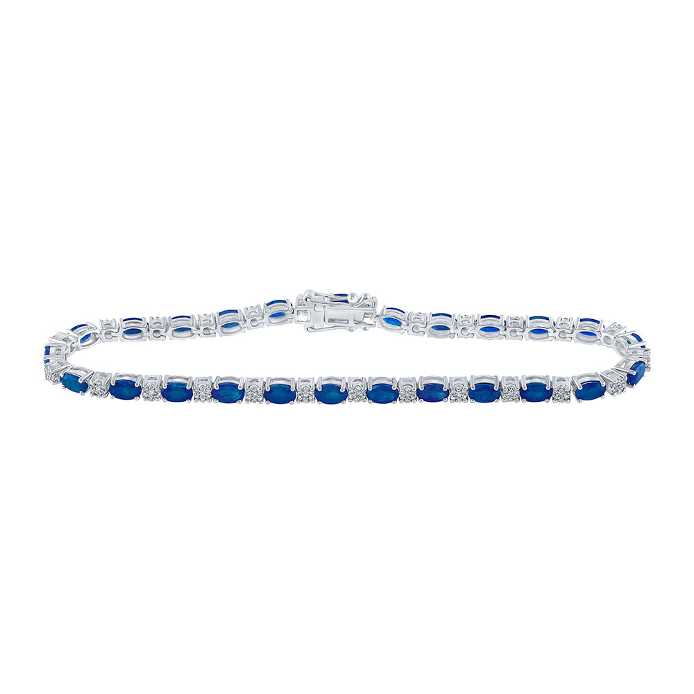 14kt White Gold Womens Oval Blue Sapphire Diamond Fashion Bracelet 7-3/8 Cttw