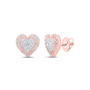 10kt Rose Gold Womens Round Diamond Heart Earrings 1/2 Cttw