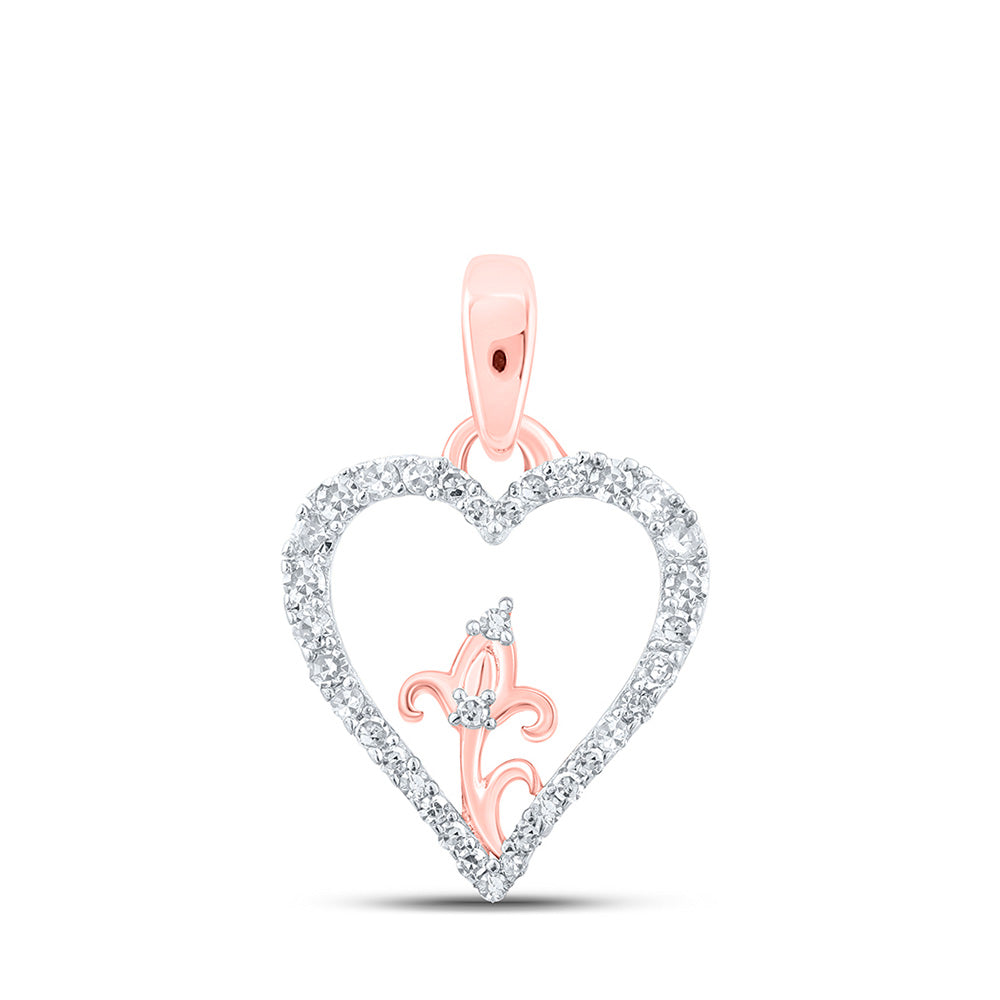 10kt Rose Gold Womens Round Diamond Flower Heart Pendant 1/8 Cttw