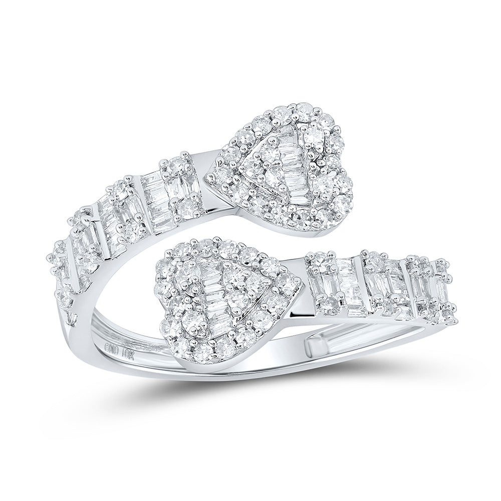 10kt White Gold Womens Baguette Diamond Cuff Bypass Heart Ring 5/8 Cttw