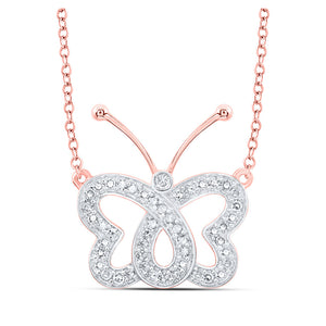 10kt Rose Gold Womens Round Diamond Butterfly Necklace 1/4 Cttw