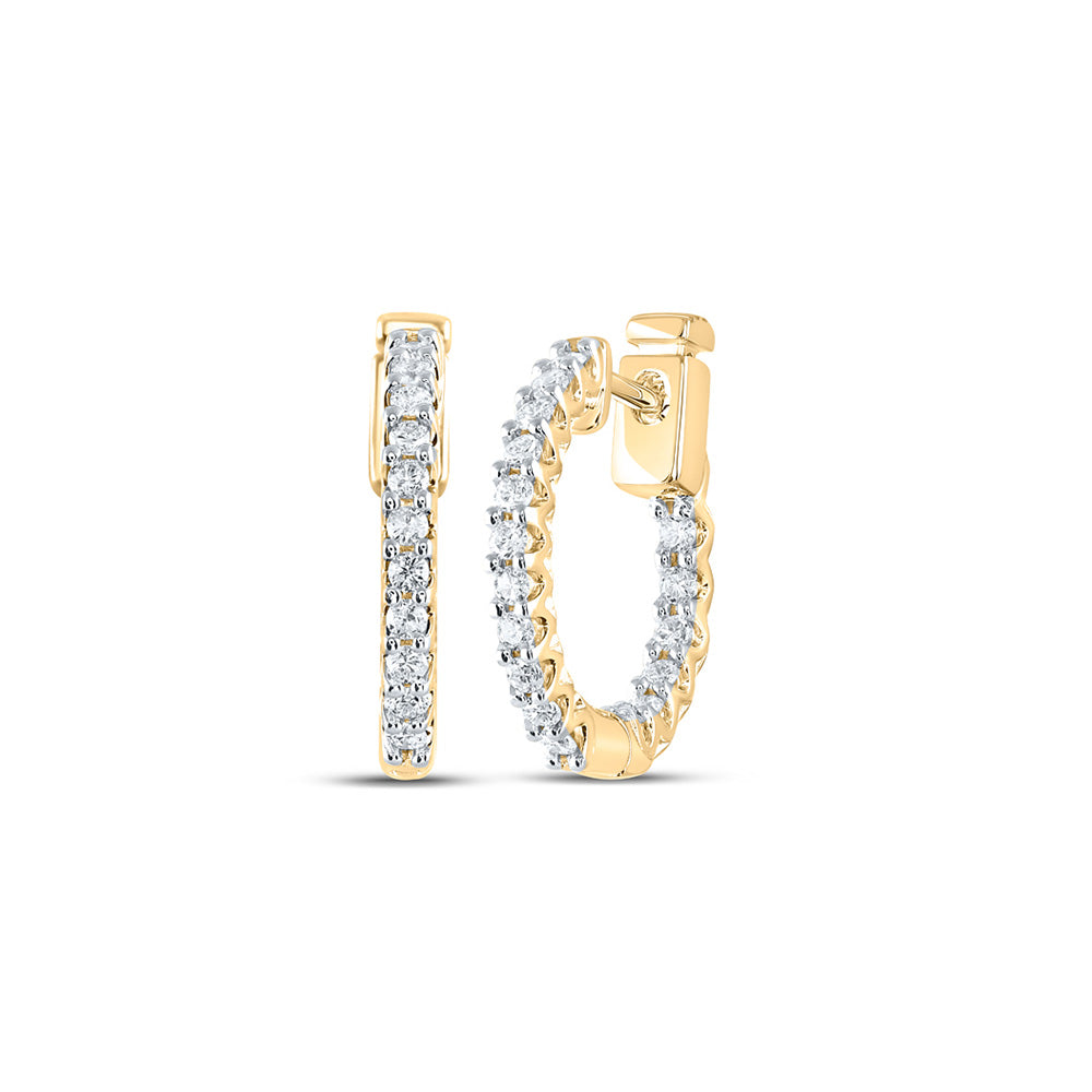 14kt Yellow Gold Womens Round Diamond Inside Outside Huggie Earrings 1/2 Cttw