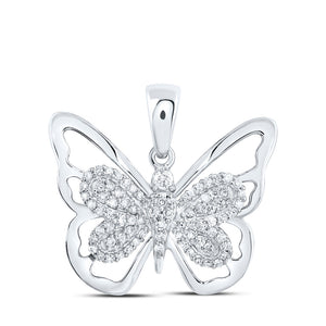 10kt White Gold Womens Round Diamond Butterfly Pendant 1/5 Cttw
